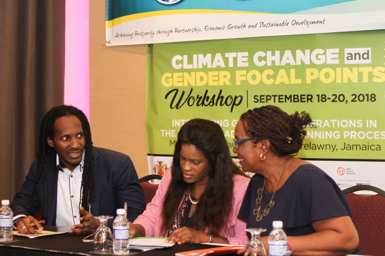 Hon. Alando Terrelonge (left), Minister of State in the Ministry of Culture, Gender, Entertainment and Sport, speaks with DirectorGeneral in the Ministry of Economic Growth and Job Creation, Dr. Sharon Crooks,and Principal Director for Jamaica’s Climate Change Division, Una May Gordon, at the start of a three-day Climate Change and Gender Focal Points Workshop.
