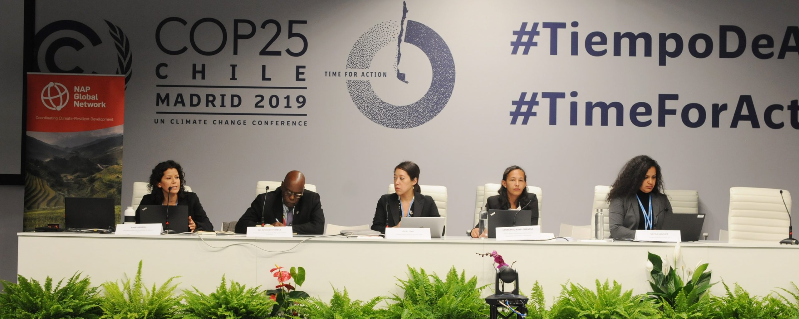 L-R: Moderator Anne Hammill, Senior Director, Resilience Programme, IISD; Amb. Spencer Thomas, Special Envoy for Multilateral Environmental Agreements (MEAs), Grenada; Julie Teng, UN Development Programme (UNDP); Lovakanto Ravelomanana, Ministry of Environment and Sustainable Development, Madagascar; and Navina Sanchez, Climate Change Policy Adviser, German Development Agency (GIZ)