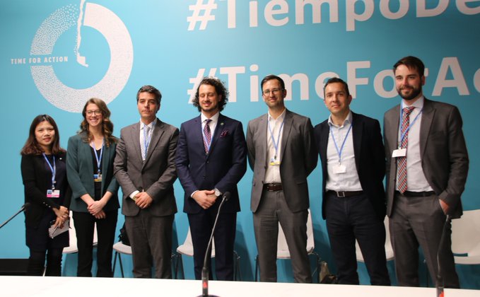 Participants of the side event "Enhancing Engagement of the Private Sector in Adaptation Planning and Implementation" (L-R): Trần Thị Thanh Nga, Viet Nam; Meghan Doherty, Winrock International; Santiago Aparicio, Colombia; Emerson Resende, Green Climate Fund (GCF); Alec Crawford, NAP Global Network: Chris Brown, Olam International; David Oehmen from the UNFCCC Secretariat.