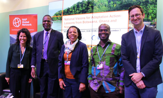 (L-R) Anne Hammill, director of the NAP Global Network Secretariat; Dr. Peter Tarfa, Nigeria’s Department of Climate Change; Janet Selato, Botswana’s Department of Meteorological Services; Dr. Antwi-Boasiako Amoah, Ghana’s Environmental Protection Agency; and Alec Crawford, NAP Global Network.